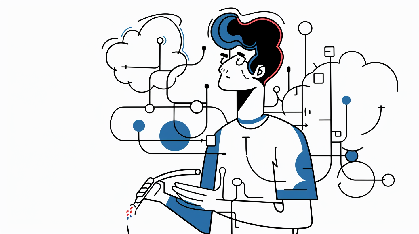Altijd verbonden: ontdek hoe Always Secure IT jouw netwerk veilig en supersnel beheert. Illustratie van een medewerker met IT-netwerkverbindingen, symbool voor beheerd zakelijk netwerk en cloudtoepassingen.