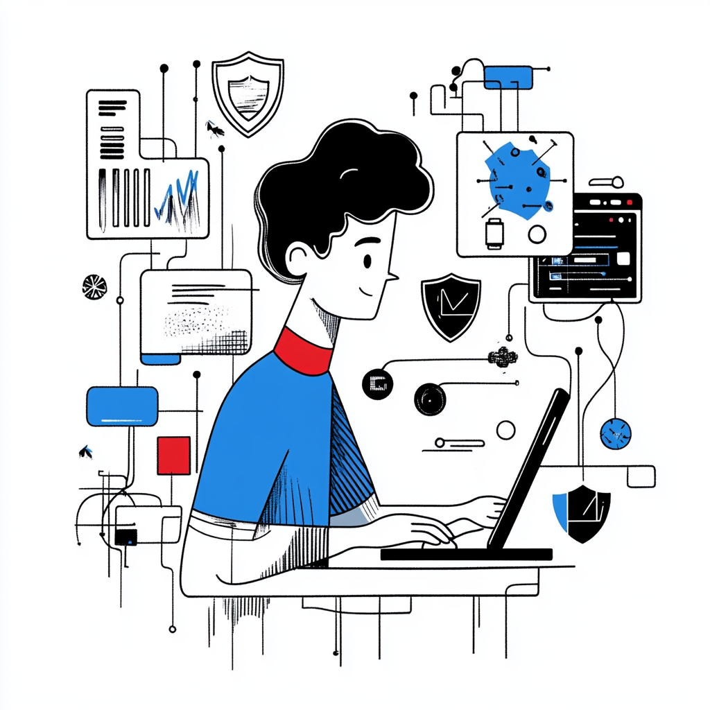 37 lagen antivirusbescherming tegen virussen, phishing en ransomware – voor zzp’ers en kleine bedrijven. Illustratie van persoon achter laptop met cybersecurity-iconen, symbool voor basis antivirusbescherming met realtime beveiliging.