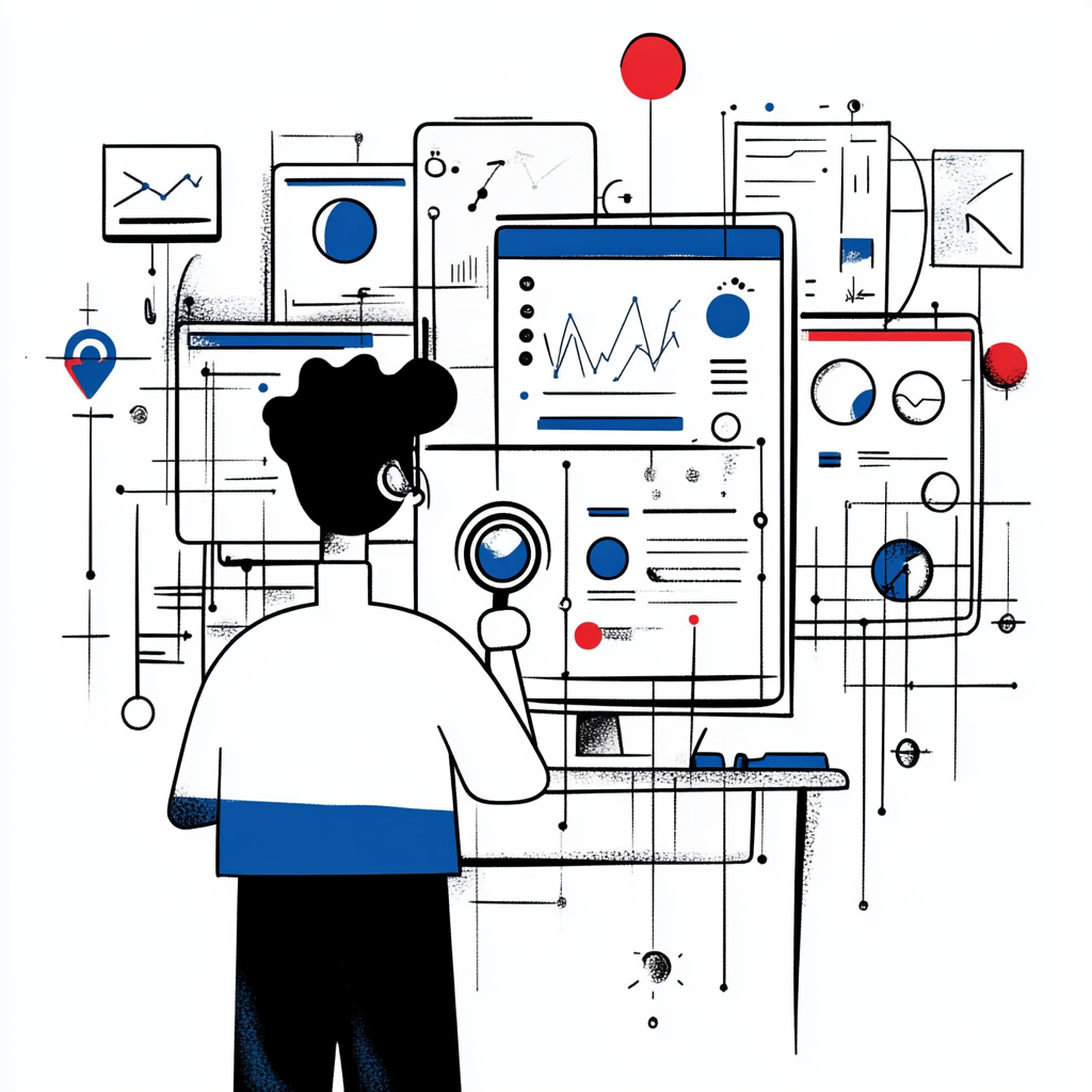 Realtime inzicht en automatische detectie van cyberdreigingen met Always Secure Antivirus Groei – inclusief ATS en EDR. Illustratie van IT-specialist voor schermen met dashboards, symbool voor continue monitoring en geavanceerde endpoint-beveiliging.