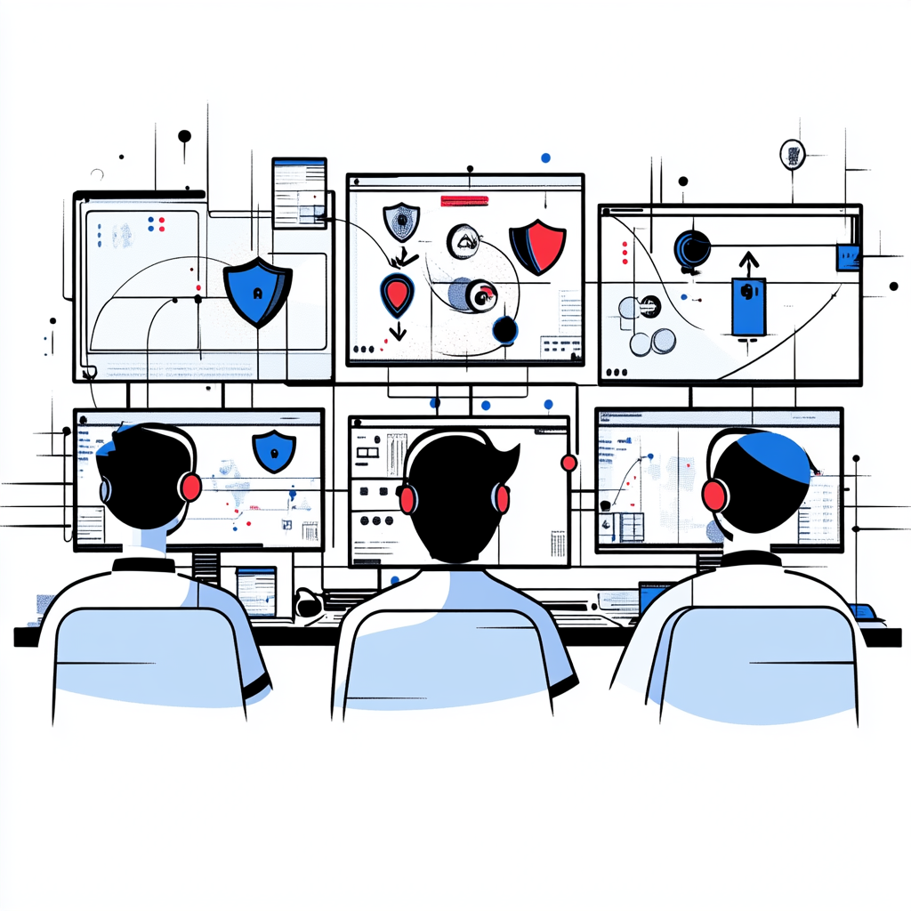 Dag en nacht beveiligd door echte experts – met realtime actie bij cyberdreigingen via Always Secure Antivirus Pro. Illustratie van cybersecurity-team met meerdere schermen, symbool voor 24/7 monitoring en menselijke dreigingsdetectie via Always Secure Pro.