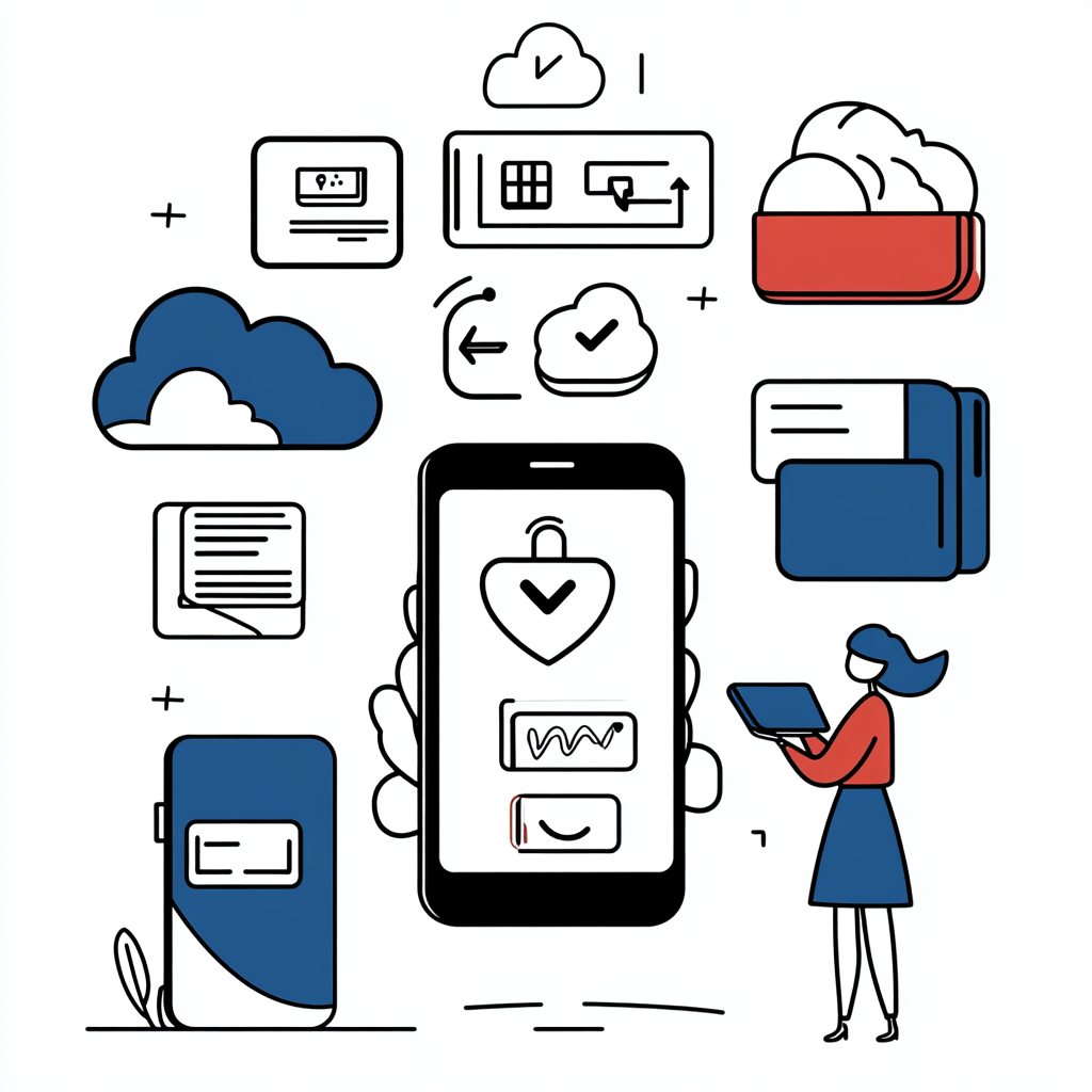 Altijd geback-upt: automatische mobiele back-up van je foto's, contacten en agenda – veilig opgeslagen in de cloud. Illustratie van smartphone met cloudsymbolen en back-upiconen, symbool voor automatische mobiele back-up en veilige opslag via Always Secure.